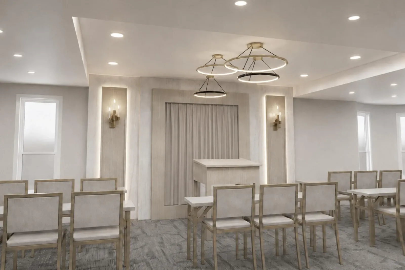 Rendering of the new JRC shul looking toward the Aron Kodesh, with seating and brass lighting