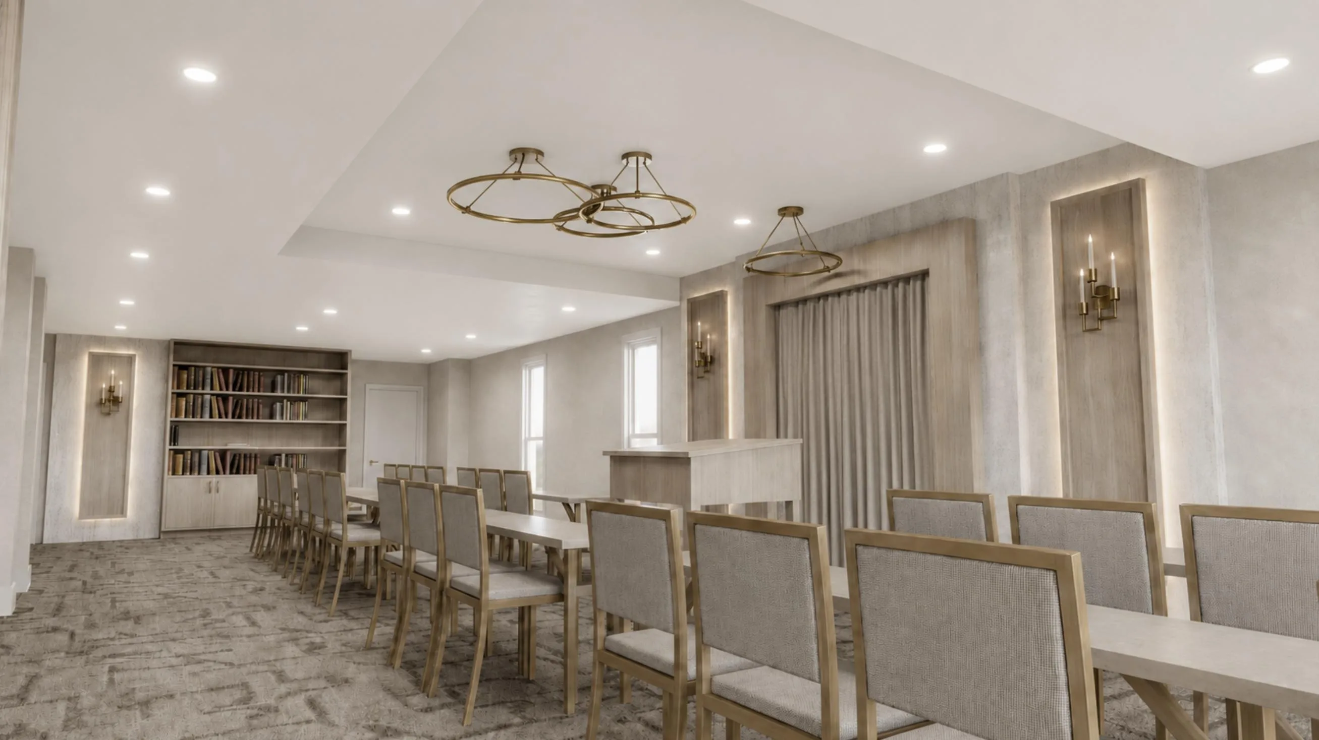 Rendering of the new JRC shul showing the Torah bookshelves and seating