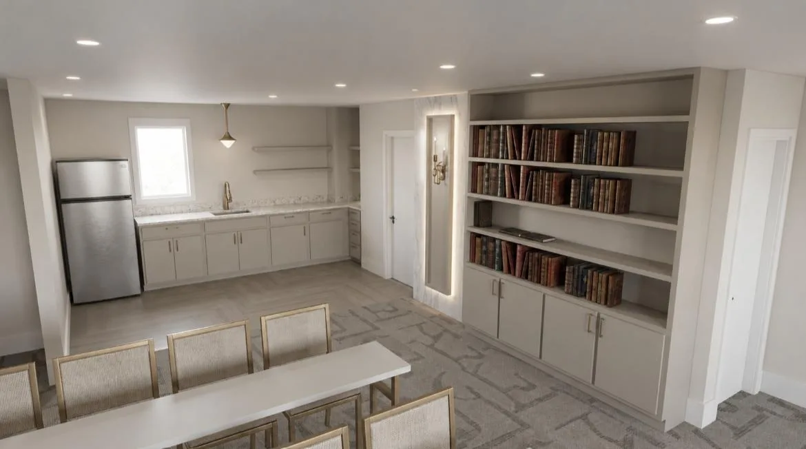 Rendering of the adjoining breakfast kitchen and library wall in the new JRC shul