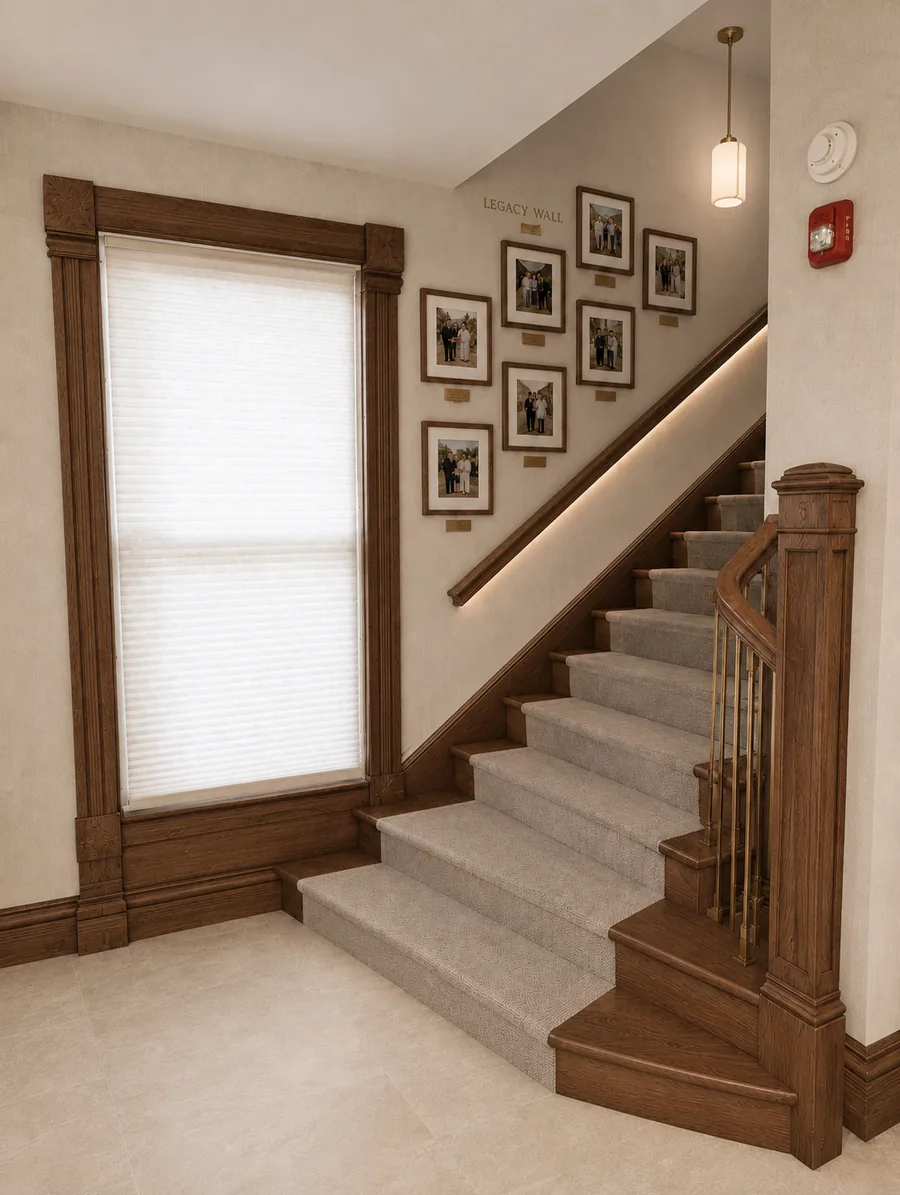 Rendering of the staircase up to the new JRC shul, with the Legacy Wall of framed family photographs alongside it